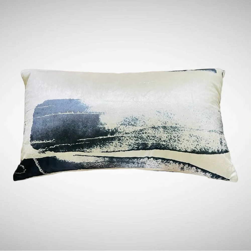 CALLISTO HOME Metallic Silver Foil Blue Velvet Lumbar Throw Pillow 14 x 23” New